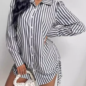 Women's Clothing 2025 Autumn New Fashion Striped Sexy Two Side Drawstring Lapel Button Up Shirt Short Dress For Women