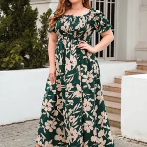 GIBSIE Plus Size Square Neck Floral Print Puff Sleeve Dress Women Summer 2025 Vacation Beach Bohemian Swing Long Maxi Dresses