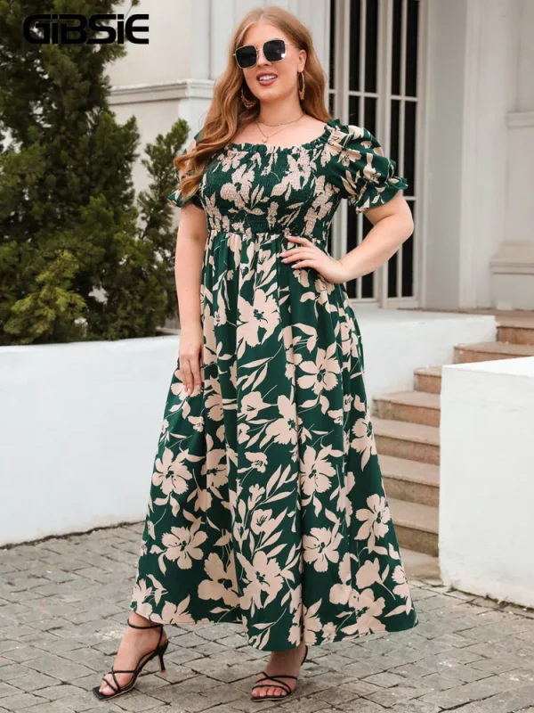 GIBSIE Plus Size Square Neck Floral Print Puff Sleeve Dress Women Summer 2025 Vacation Beach Bohemian Swing Long Maxi Dresses