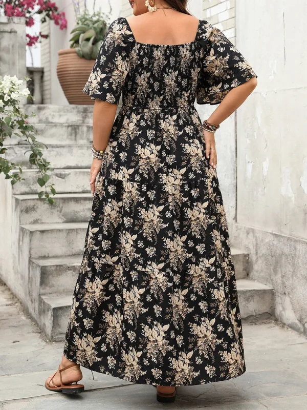 GIBSIE Plus Size Square Neck Floral Print Maxi Dress Women Summer 2025 Knot Front Hollow Out Boho Vacation Big Swing Dresses - Image 2