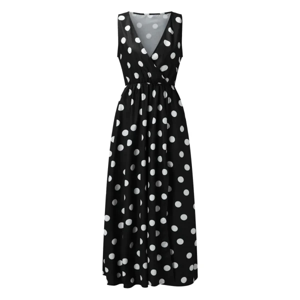 Elastic Waist V Neck Long Dress Sleeveless Print Side Slit Evening Party Dress Ladies Round Dot Printing Casual Sweet dress - Image 2