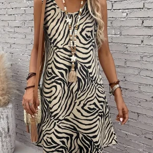 Women's Zebra Print Sleeveless Tank Dress - Round Neck Summer Sundress, Casual Vacation Outfit, Stretchy Bodycon Mini Dress