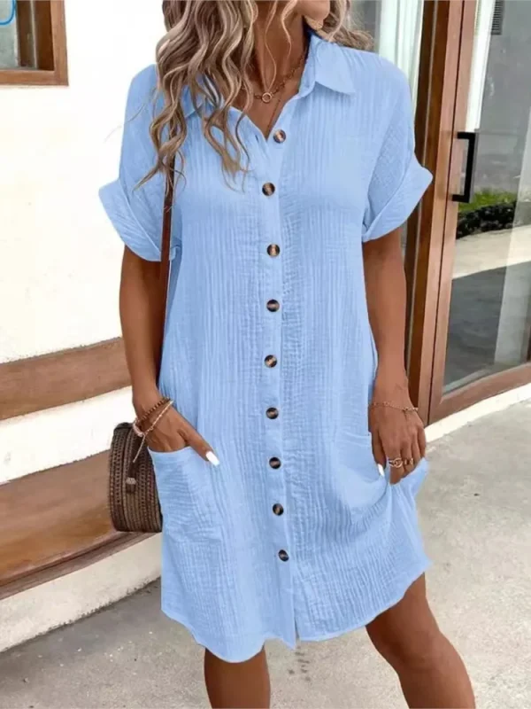 2025 Summer Women's New Fashionable Simple Sexy V-neck Button Single Breasted Short Sleeve With Pocket Dress Women's Wear - Image 4