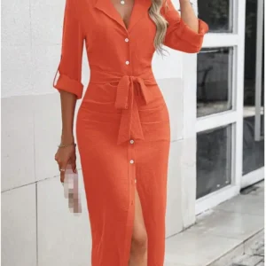 2025 Women's New Autumn Solid Color Lapel Waist Cinching Lace Up Temperament Sexy Slit Single Breasted Dress For Women