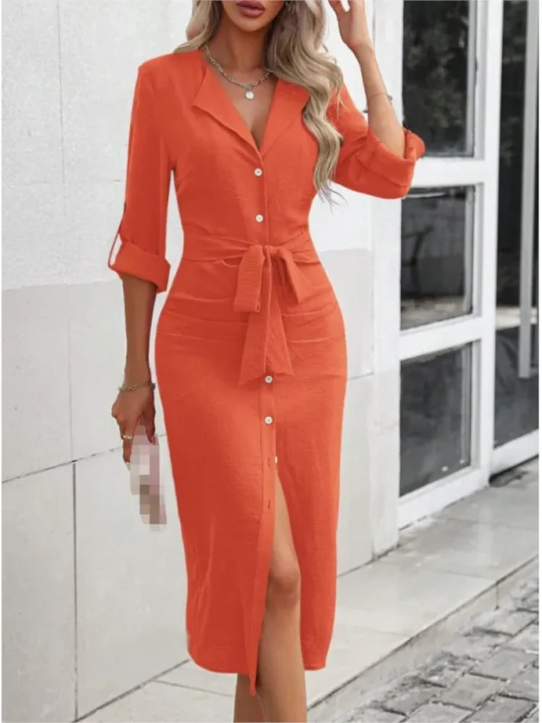 2025 Women's New Autumn Solid Color Lapel Waist Cinching Lace Up Temperament Sexy Slit Single Breasted Dress For Women
