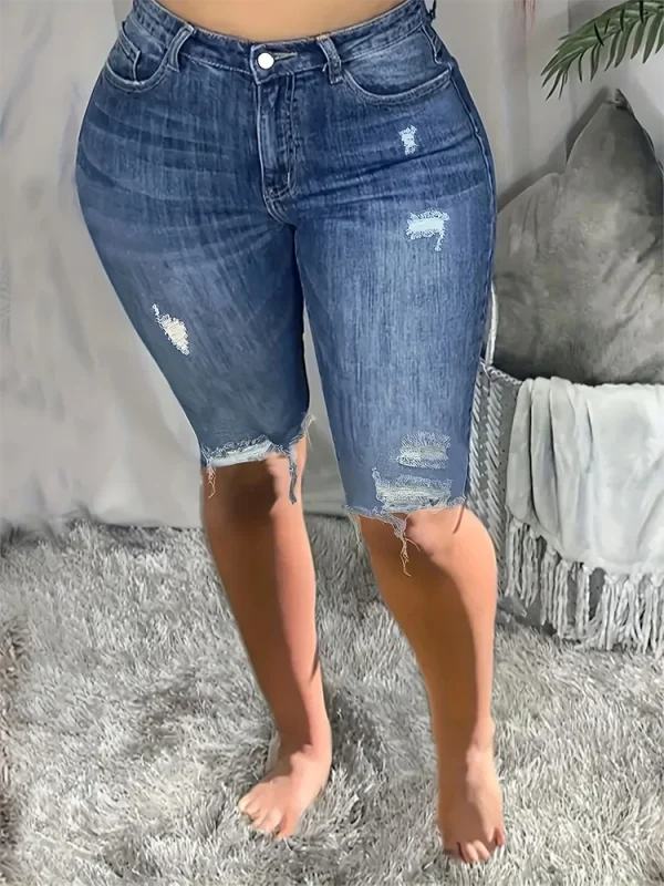 Fashion Current Holes Jeans Summer Comfort Skinny Pencil Short Women New Casual Solid Mid Waist Plus Size Five-quarter Trousers