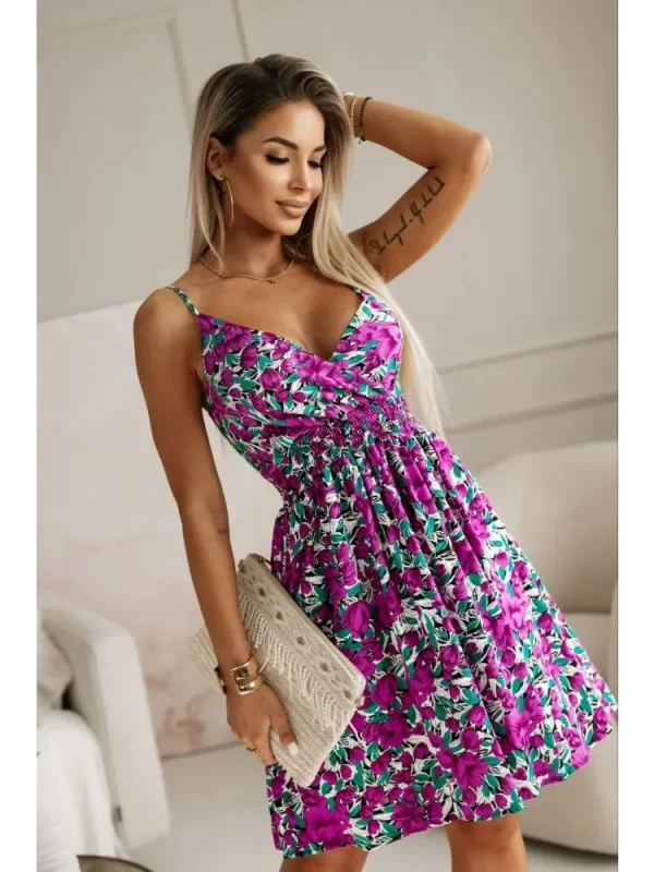 New Fashion Women's Summer Wrap Pleated Dresses Ladies Floral Print Sexy Spaghetti Strap Sling DressBeach Dress A Line Sundress