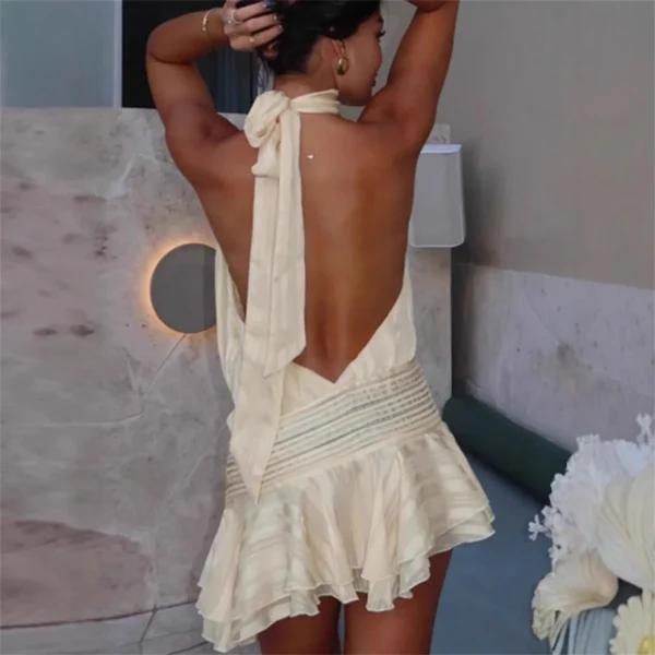 Elegant Sexy Halter Ruffles Mini Dress Women Lace Up Sleeveless Backless Beach Party Dresses 2025 Summer Vacation Lady Robe - Image 4