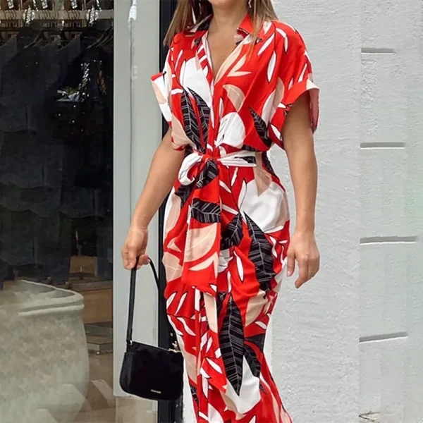 Women Dress Summer Autumn New Elegant Loose Printed Loose Lace-up Irregular Dress Women Half Sleeve V-neck High Waist Sexy Dress - Image 5