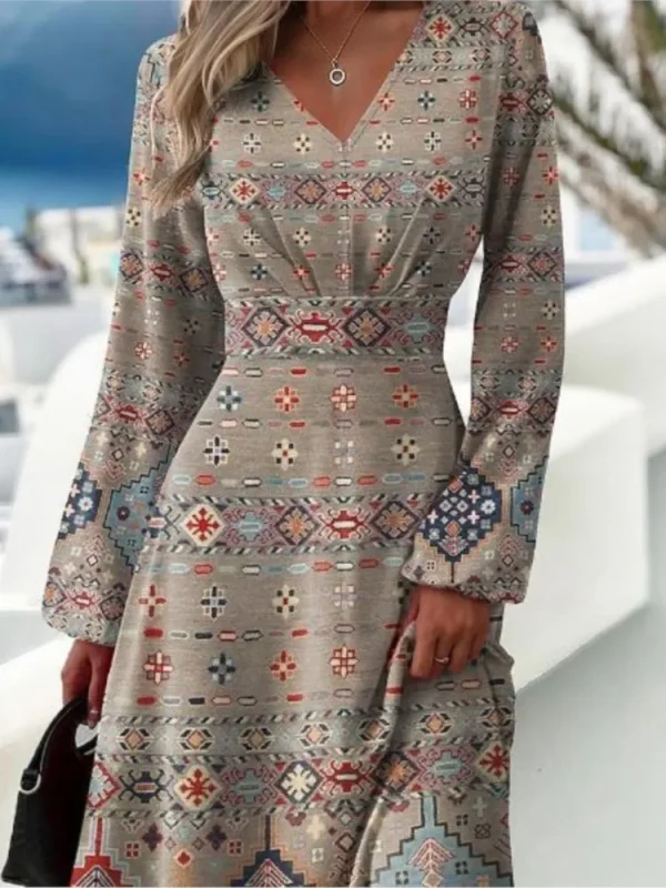 Spring Autumn New Women's Slim Fit Fashionable Printed Dress With Flared Sleeves Sexy V-neck Long Sleeved Dress For Women - Image 2