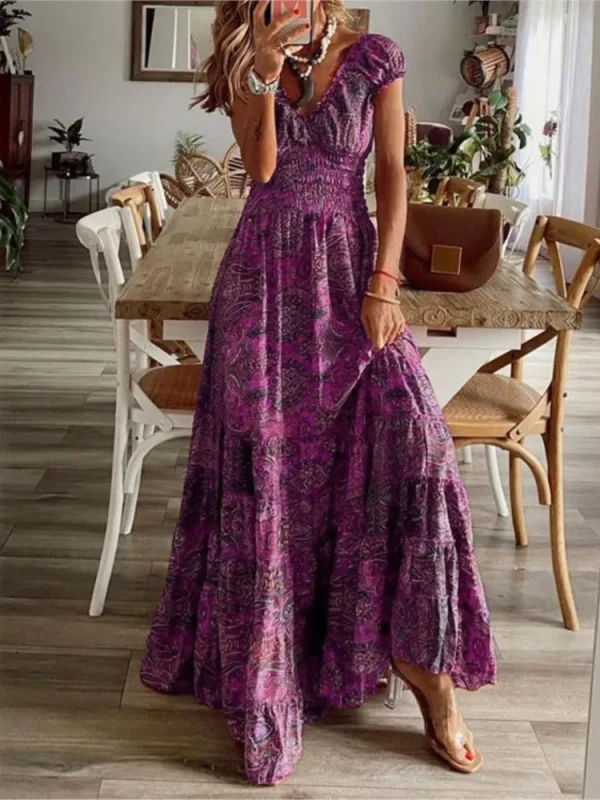 Women's Summer New Ethnic Style Printed Dress Short-sleeved Waist Dress Fashionable Floral Petal Sleeves Large Hem A-line Dress - Image 6