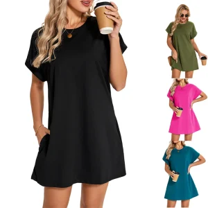 2025 Solid Color Short Sleeve Plus Size Multiple Colors Women's Dress Summer Loose Women's Dress High Quality Pattern CCXX248
