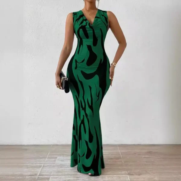 Women Print Dress Sleeveless Splice Slim Fit Long Dresses Midi Waist Wrap Hip Vestidos Elegant Office Lady Summer 2025 - Image 3