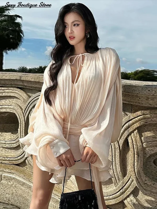 Elegant Ruched Mini Dress For Women Round Neck Lantern Long Sleeve High Waist Temperament Dresses Female Fashion 2025 CLOTHING - Image 3