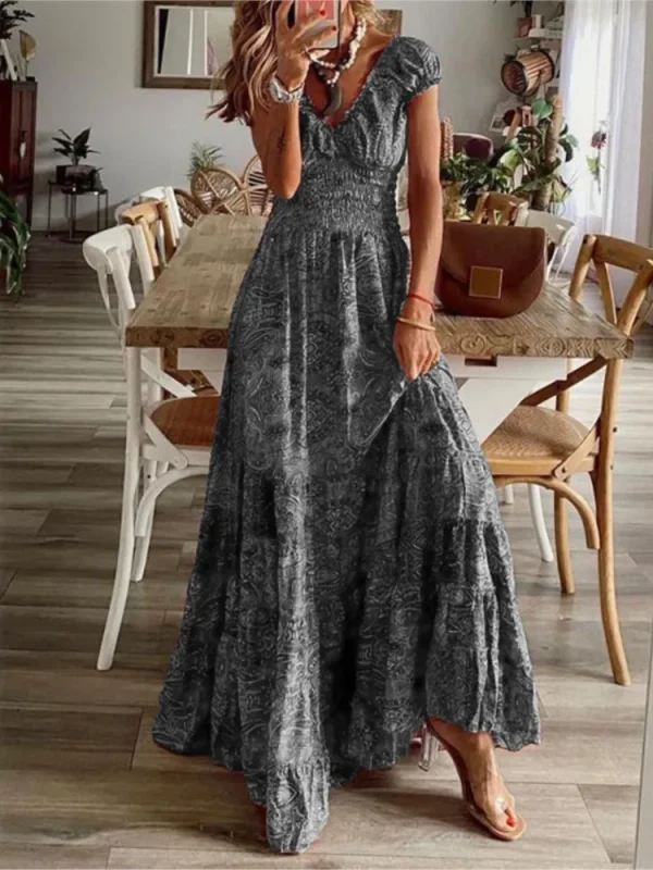 Women's Summer Bohemian Style 2025 New Dress With A Waistband Fashionable Floral Print Petal Sleeves Large Hem A-line Dress - Image 4