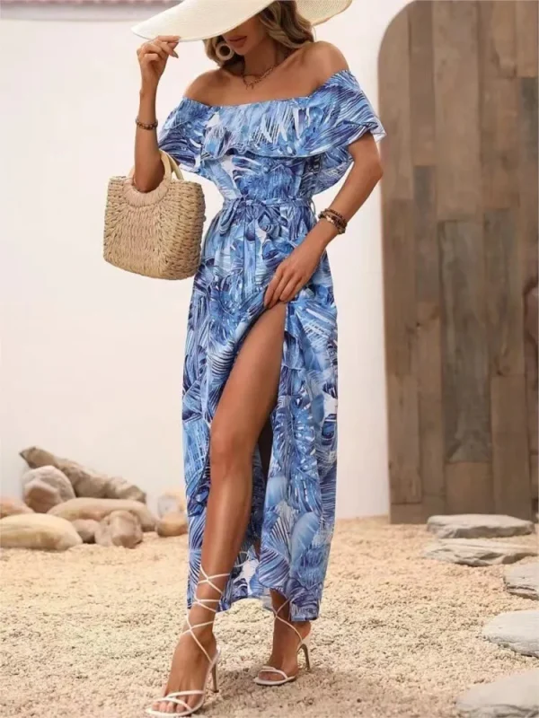 Women Summer New Sexy One Line Collar Strapless Ruffle Edge Lace Up With A Split Waist Dress Fashionable Printed Ruffle Sleeves - Image 4
