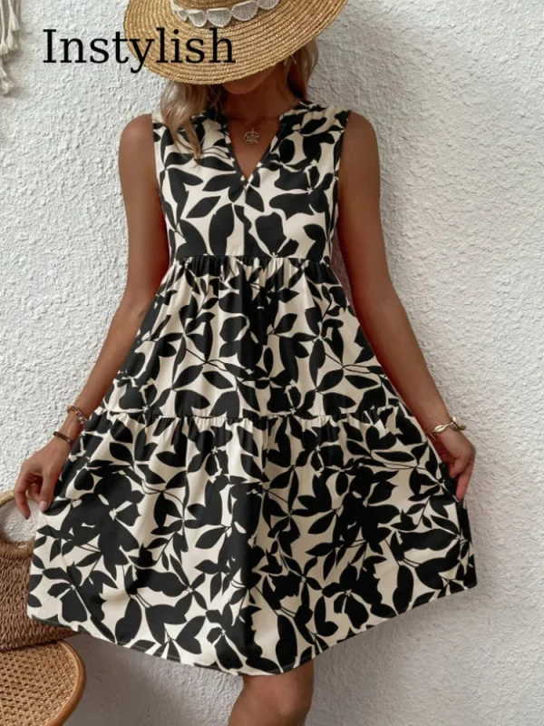 Women Boho Print Mini Dress Summer Elegant Sleeveless V Neck Ruffle A Line Tank Dress Casual Loose Oversize Beach Party Sundress - Image 3