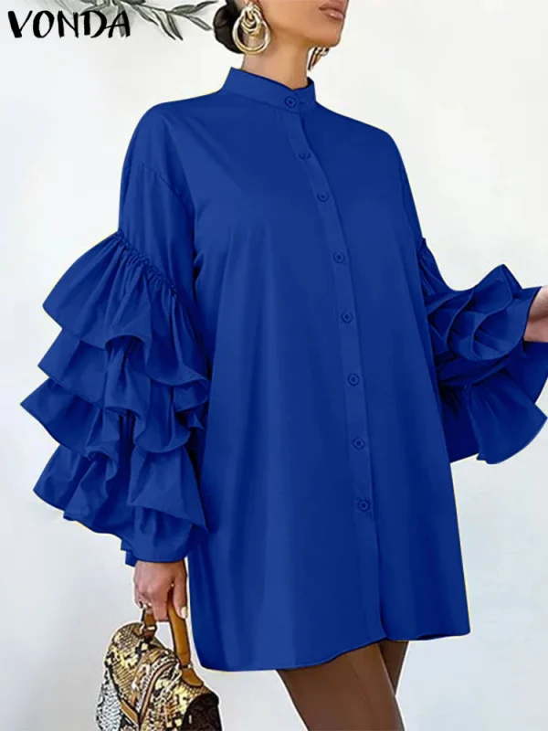 Plus Size VONDA Women Mini Dress 2025 Elegant Stand Collar Layer Ruffled Sundress Casual Solid Color Robe Long Sleeve Vestidos - Image 3