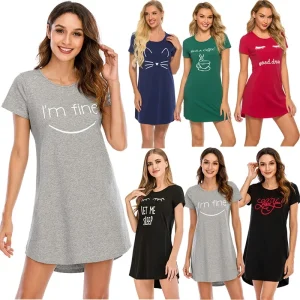 Summer Plus Size Women's Ice Silk Nightgown Cartoon Cat Printed Street Short Sleeve Round Neck Dress Oversized Knee Length Skirt