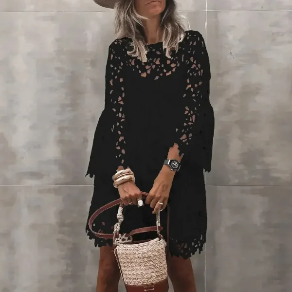 Lace Dress Sling Two Piece Suit Women Autumn Sexy Hollow Out Mini Dresses Female Vintage Elegant Puff Sleeve Short Vestidos - Image 6