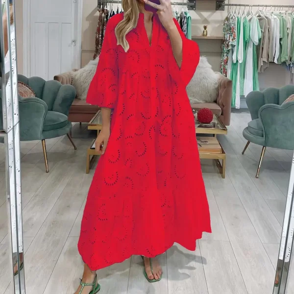Dresses for Dresses Spring Summer Shirt Dress 2025 White dresses V-Neck Flared Sleeves Lace Hollow Solid Color Sexy Long Dresses - Image 3