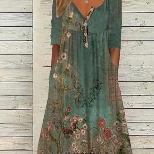 2025 Summer New Women's V-Neck Split Sleeve Button Dress V-Neck Printed Pattern Pleated With Pockets Maxi Dresses