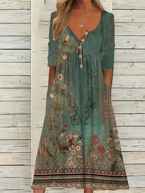 2025 Summer New Women's V-Neck Split Sleeve Button Dress V-Neck Printed Pattern Pleated With Pockets Maxi Dresses