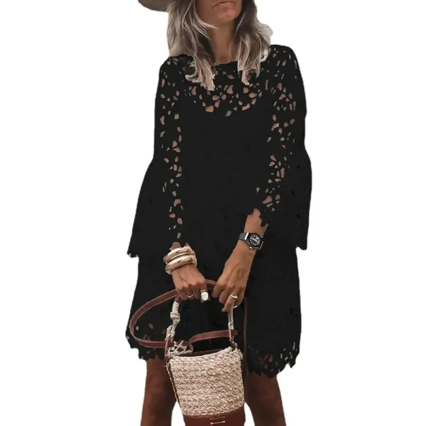 Lace Dress Sling Two Piece Suit Women Autumn Sexy Hollow Out Mini Dresses Female Vintage Elegant Puff Sleeve Short Vestidos - Image 5