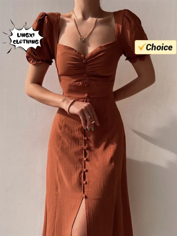 2025 Summer Fashion Summer Skirt Holiday Style Sexy Women's Dress V-neck Single Breasted Shrugged Mid Length Dress - Image 2