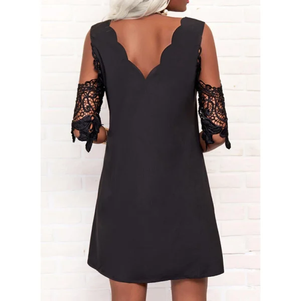 Women Lace Splicing Half Sleeve Long Dress Square Collar Solid Long Dress Summer Lace-up Hollow Jacquard Big Hem Pleats Dresses - Image 3