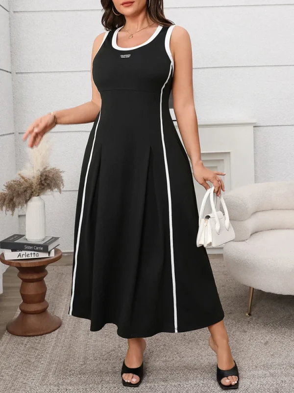 GIBSIE Plus Size Women Contrast O-Neck Sleeveless A-Line Dress 2025 New Summer Fashion Street Sundress Long Casual Maxi Dresses - Image 5