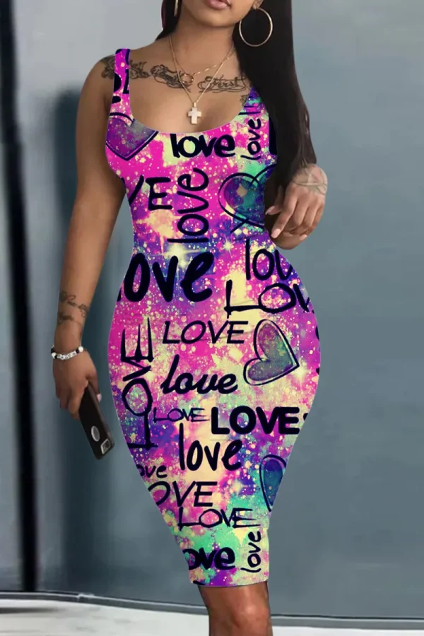 Платье Женское Plus Size Summer Women's Dress Large Size Contrast Heart Print U-Neck Sleeveless Casual Bodycon Mini Dresses - Image 4