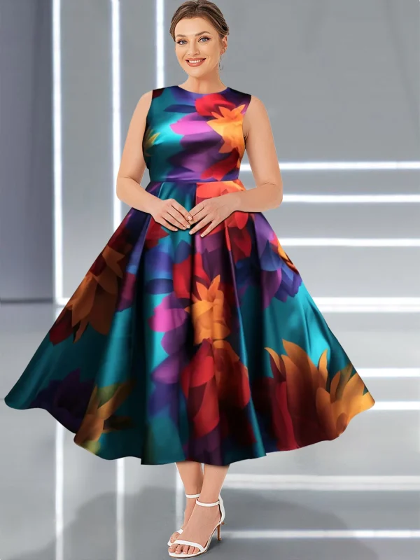Elegant A-Line Women Long Dress Plus Size Multicolor Flower Print Round Neck Sleeveless Fashion Sweet Summer Female Tank Dress - Image 2