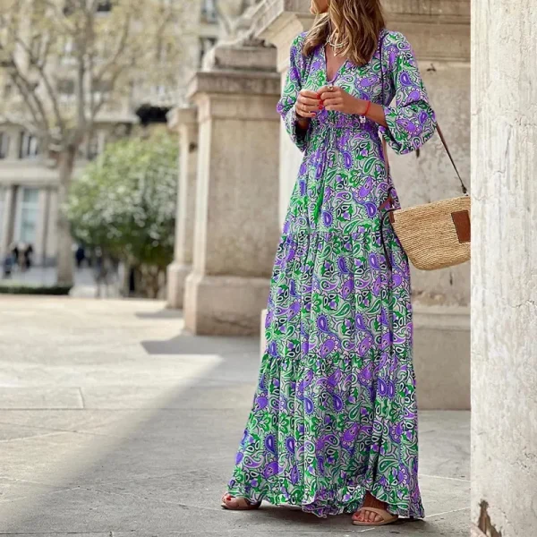 Summer Dress Woman 2025 New Fashionable Printed Sexy V-neck Long Sleeve High Waist Elastic Waist Medium Length Bohemian Dress - Image 2