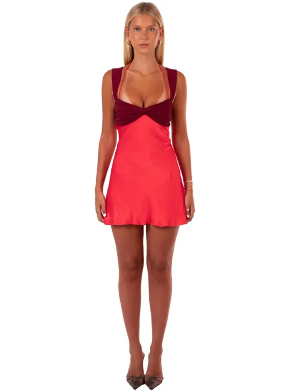 Mozision Patchwork Sleeveless Sexy Mini Dress For Women Robe Satin Strapless Backless Lace-up High Waist A-line Club Dress - Image 6