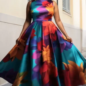 Elegant A-Line Women Long Dress Plus Size Multicolor Flower Print Round Neck Sleeveless Fashion Sweet Summer Female Tank Dress