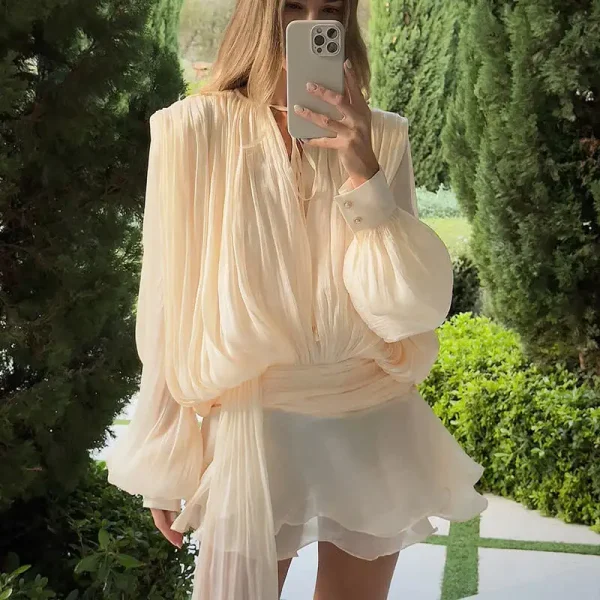 Luxury Elegant Mini Dress For Women V Collar Lace Up Blouse Dresses Long Sleeve Stacked Hem Vestido 2025 New Lady Women Clothing - Image 4