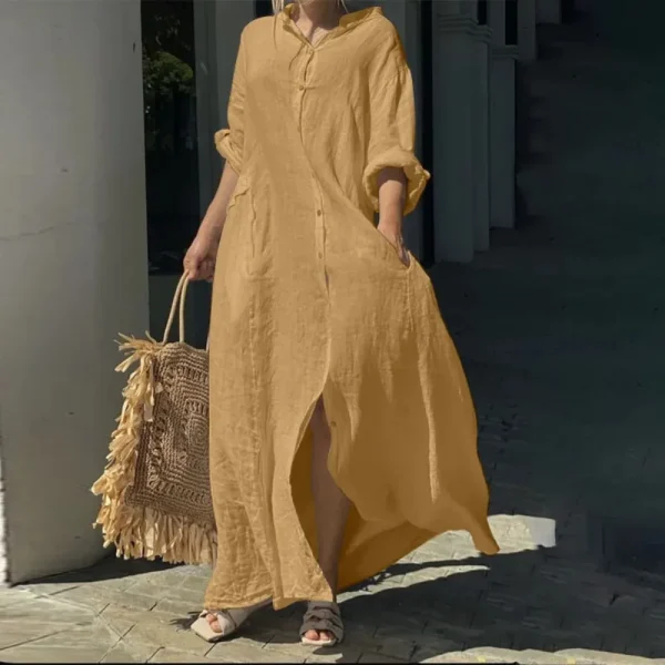 Women's L-5XL Plus Size Oversized Summer Casual Loose Pocket Flip Collar Long Dress Solid Color Casual Button Loose Oversized - Image 3