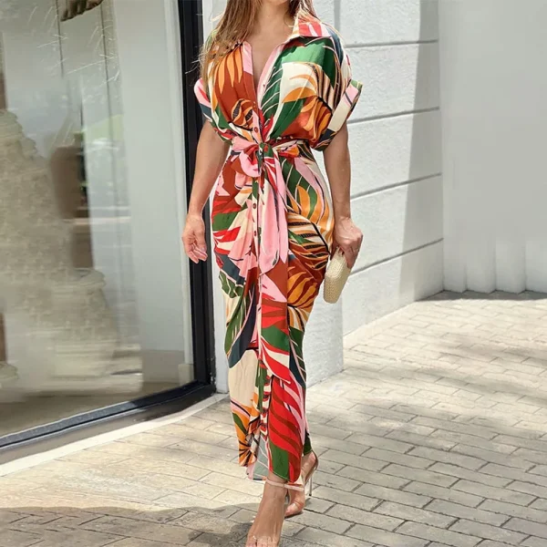 Women Dress Summer Autumn New Elegant Loose Printed Loose Lace-up Irregular Dress Women Half Sleeve V-neck High Waist Sexy Dress - Image 4