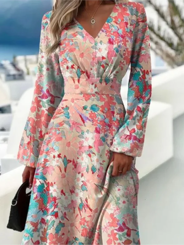 Spring Autumn New Women's Slim Fit Fashionable Printed Dress With Flared Sleeves Sexy V-neck Long Sleeved Dress For Women - Image 4