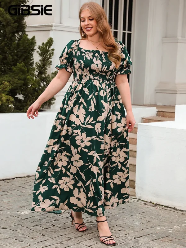 GIBSIE Plus Size Square Neck Floral Print Puff Sleeve Dress Women Summer 2025 Vacation Beach Bohemian Swing Long Maxi Dresses - Image 4