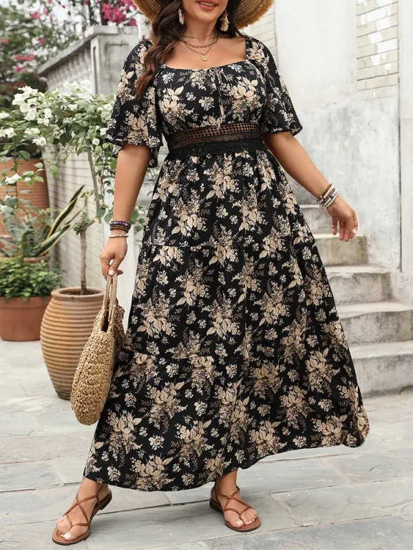 GIBSIE Plus Size Square Neck Floral Print Maxi Dress Women Summer 2025 Knot Front Hollow Out Boho Vacation Big Swing Dresses - Image 5