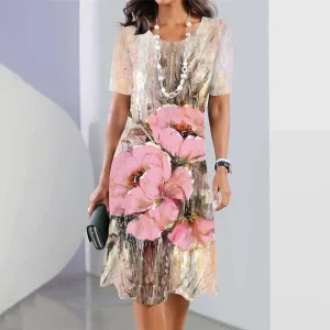 2025 New Spring Women's Dresses Floral Printed Elegant Casual Short Sleeve Dresses Fashion Oversized Women's Dresses