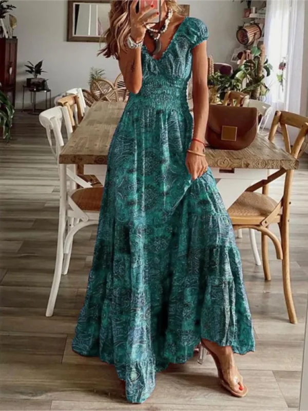Women's Summer Bohemian Style 2025 New Dress With A Waistband Fashionable Floral Print Petal Sleeves Large Hem A-line Dress - Image 3