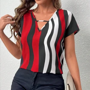 Black, white and red striped shirt women's V-neck retro breathable design Fashion girl summer relaxed casual gentle chic women's