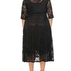 Elegant V-Neck A-Line Dress with Floral Lace Overlay and Pockets Perfect for Beach Parties and Evening Events in Plus Size