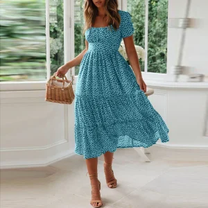 Women'S Summer Dress Fragmented Flower Flare Short Sleeve Casual Flowy Midi Dresses Elegant Temperament Party Vestidos 2025 Hot
