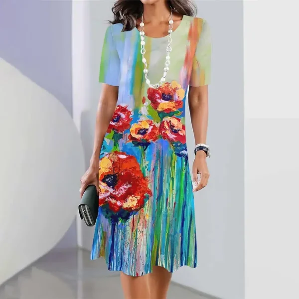 2025 New Spring Women's Dresses Floral Printed Elegant Casual Short Sleeve Dresses Fashion Oversized Women's Dresses - Image 2
