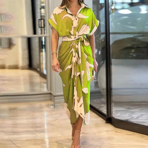 Women Dress Summer Autumn New Elegant Loose Printed Loose Lace-up Irregular Dress Women Half Sleeve V-neck High Waist Sexy Dress - Image 6