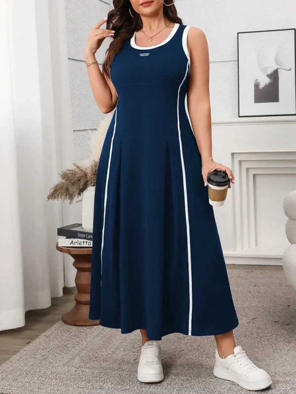 GIBSIE Plus Size Women Contrast O-Neck Sleeveless A-Line Dress 2025 New Summer Fashion Street Sundress Long Casual Maxi Dresses - Image 3